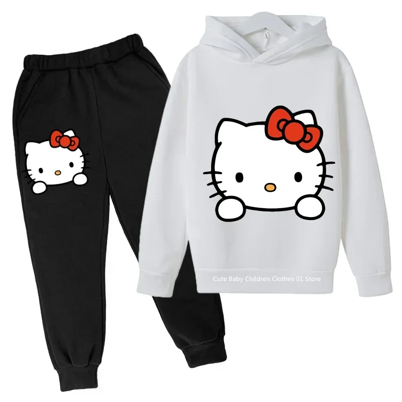 New Hello Kitty Spring Cute Kids hoodie 2024 cartoon girl Student Street wear pullover hoodie casual suit for 4-14 year olds