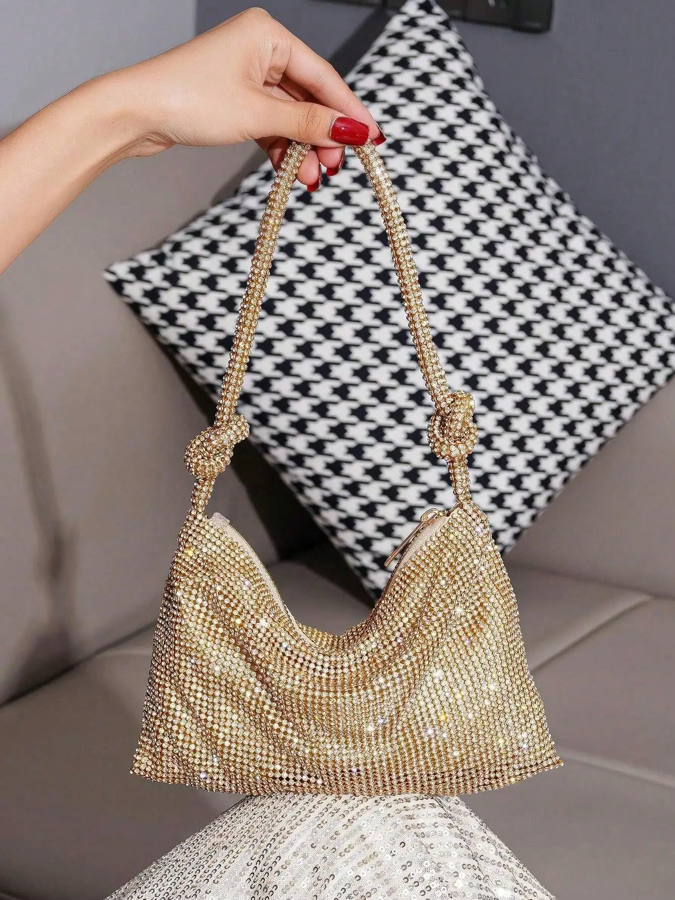 

Gold Rhinestone Mini Top-Handle Bag for Evening Party Dress