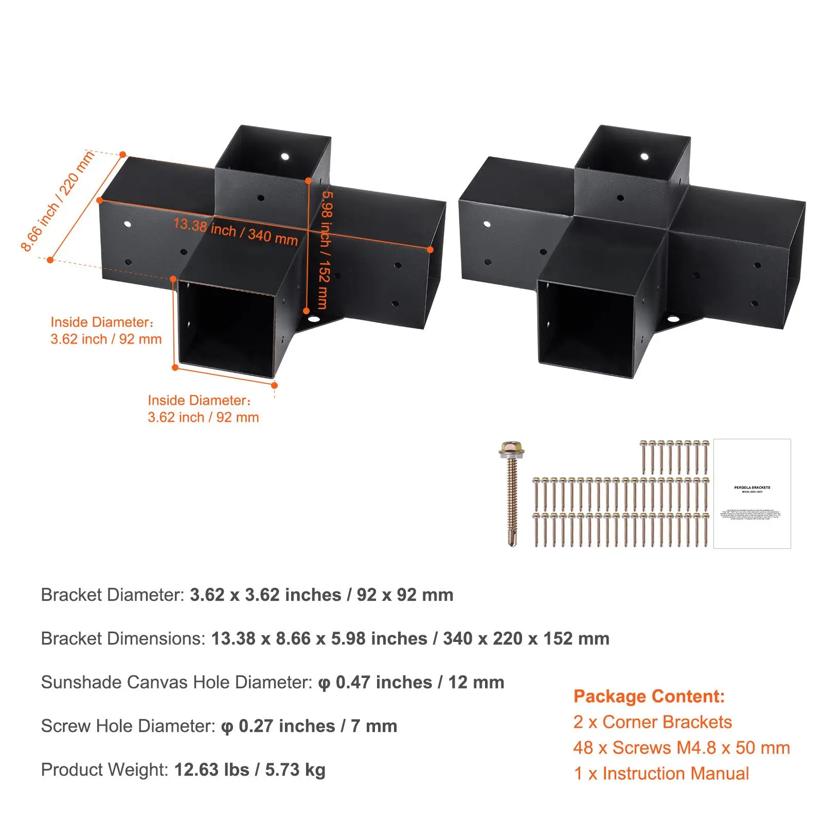 Pergola Bracket Kit 4''x4''(Inner Size 3.6x3.6), 2pcs 4-Way Heavy Duty Corner Bracket Woodworks DIY Post Base Kit, Easy Installation Wooden Beams for Gazebos, Patio Pergolas, Log Cabin Outdoor
