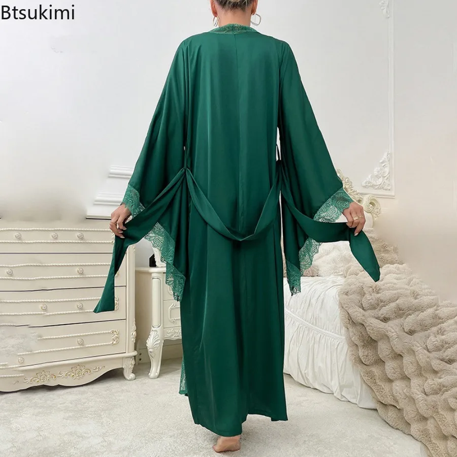 2025 Women's Long Solid Kimono Robes Sexy Lace Patchwork Lace-up Bathrobe Fashion Flare Sleeve Satin Nightgowns Women Loungewear