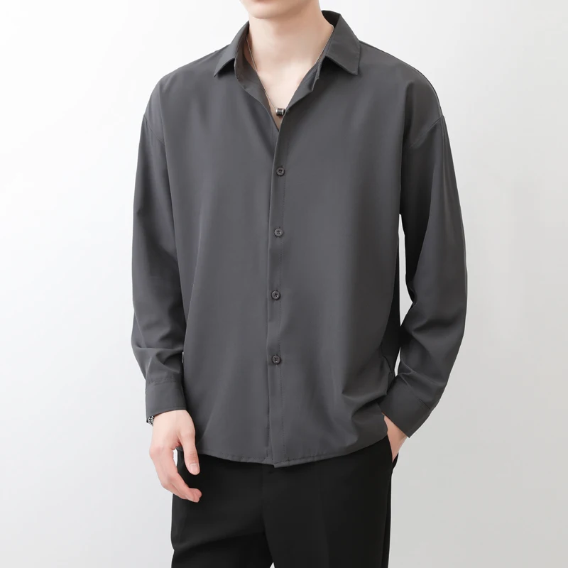 

Gray Long Sleeve Men's Shirt Spring Summer Loose Thin Ice Silk Drapey Fashionable City Style Youth Base Layer Shirt