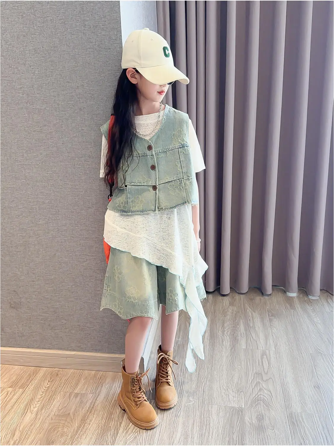 girls'-summer-fashionable-denim-lace-underwear-three-piece-set-short-sleeve-vest-shorts-cotton-polyester-blend-breathable