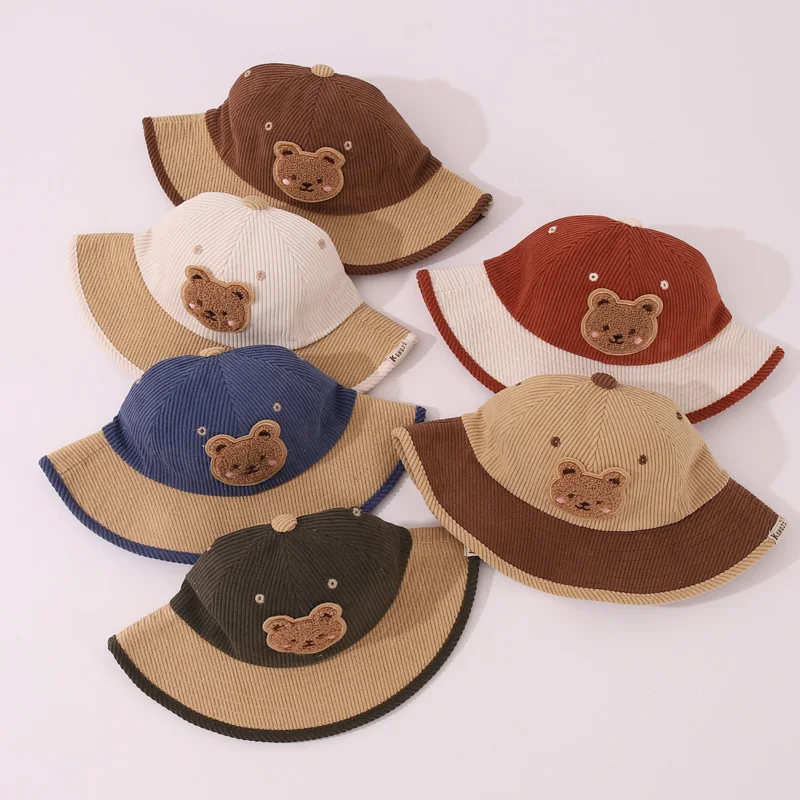 

Autumn Corduroy Baby Basin Hat Cartoon Bear Kids Fisherman Hats 2-6Year Children Sunshade Visors Wide Brim Sunshade Bucket Cap