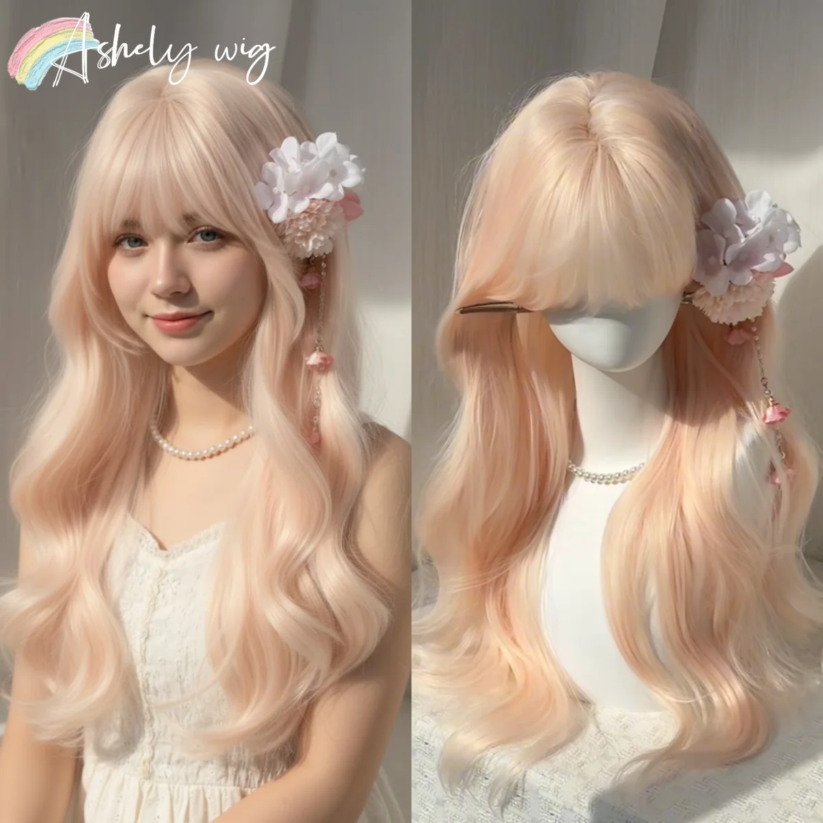 

White Peach Pink Wig for Women 24inch Long Wave Hair Wig with Bangs Cute Lolita Wigs Headband Synthetic Wigs Perruque Femme