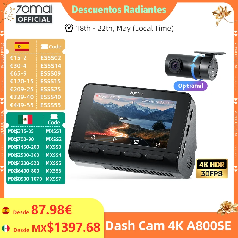 70mai 4K Dash Cam A800SE versión mejorada de 70mai A800S Control de voz Supercapatior GPS ADAS coche DVR 70mai A800SE UHD Wifi 6