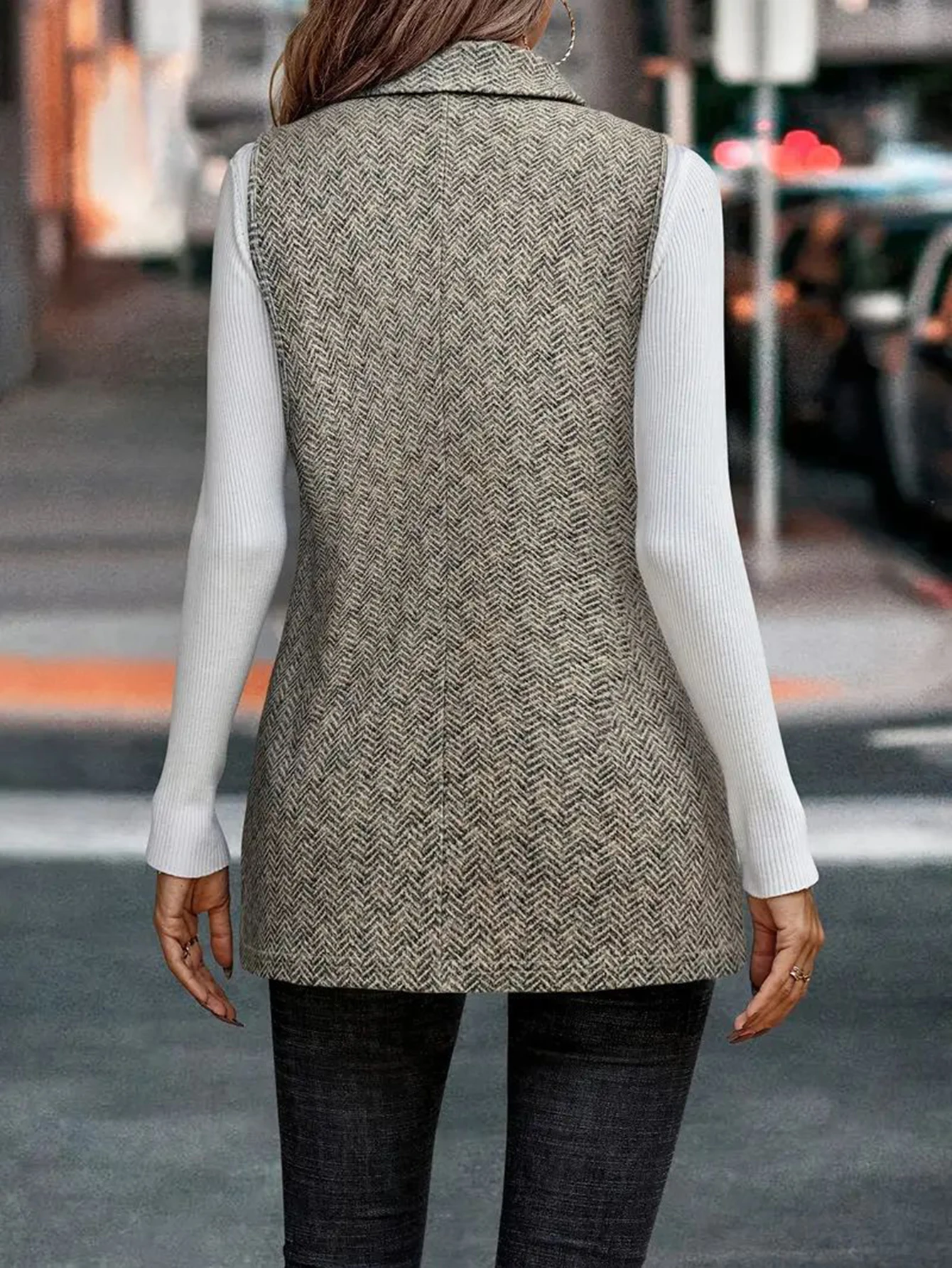 سترة كاجوال برقبة دائرية بدون تزيين ملابس خارجية عصرية بدون أكمام لربيع الخريف والشتاء