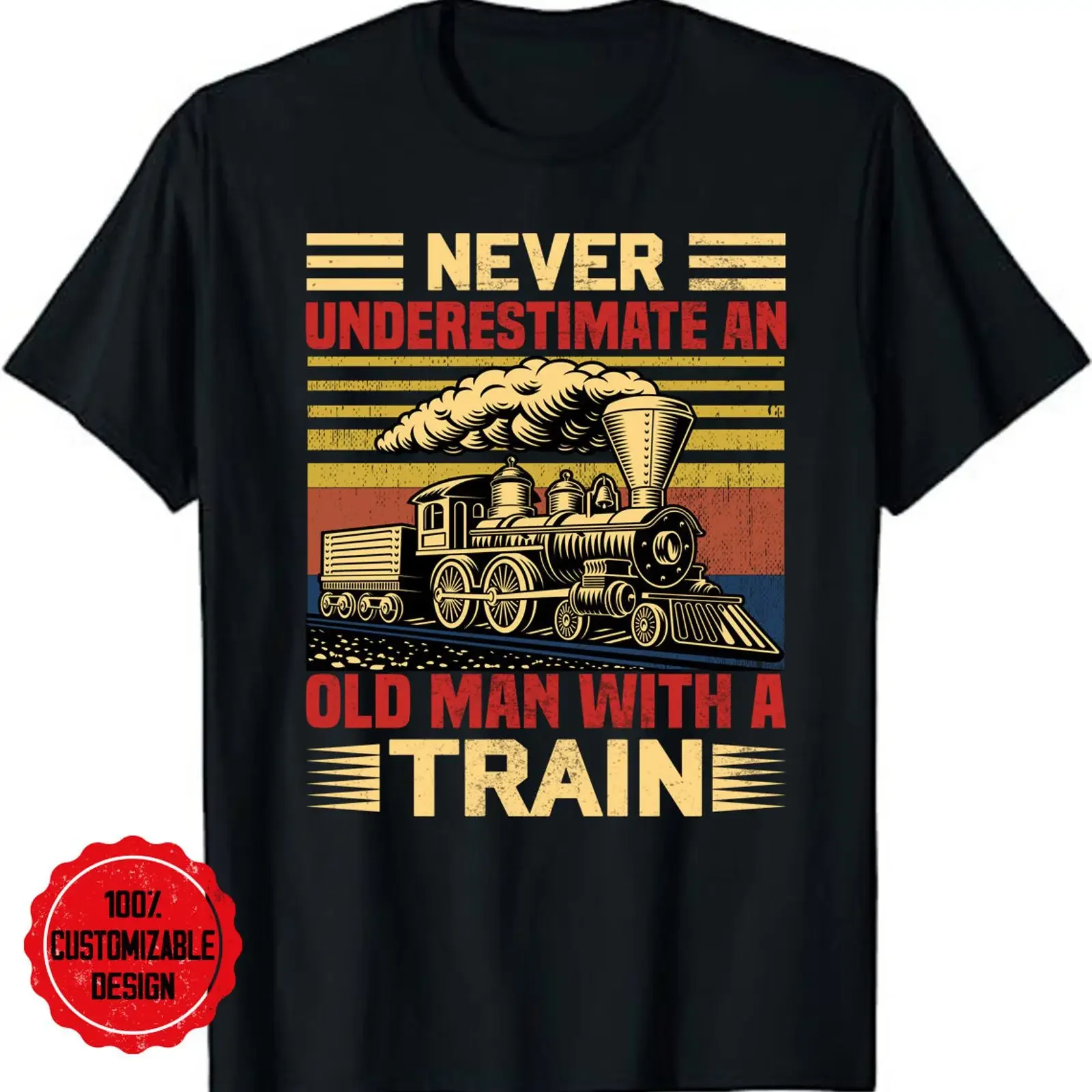 Ne sous-estimez jamais un vieil homme avec un train, t-shirt vintage pour collectionneur de chemins de fer, pour hommes, ingénieur, vintage, lavé, doux