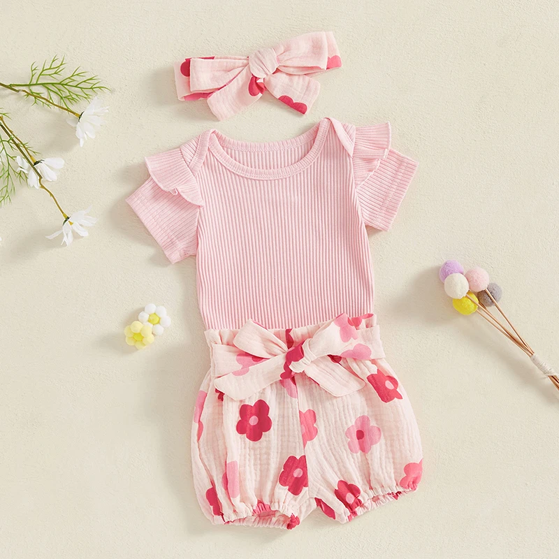 유아용 반팔 롬퍼, 넥타이 프론트 반바지, 머리띠 세트, 유아복, 여아 여름 복장