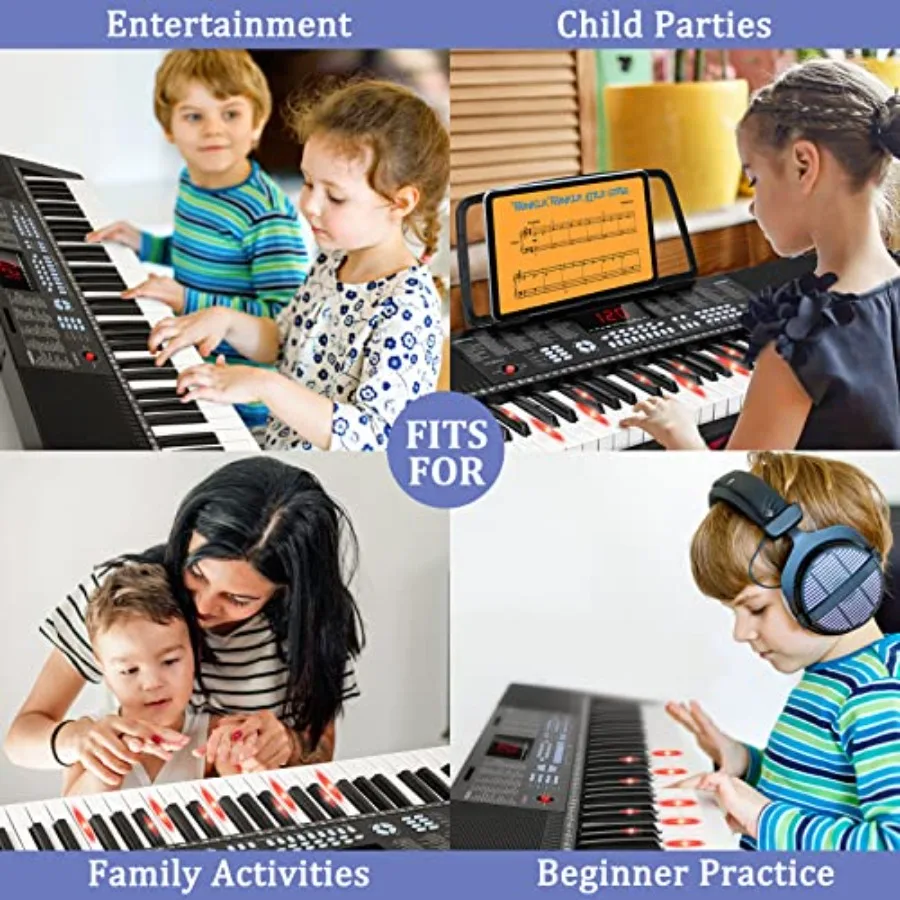 Beginner's 61-key light-up keyboard piano with 350 tones/timbres, 3 teaching modes, built-in microphone, black ABS plastic for