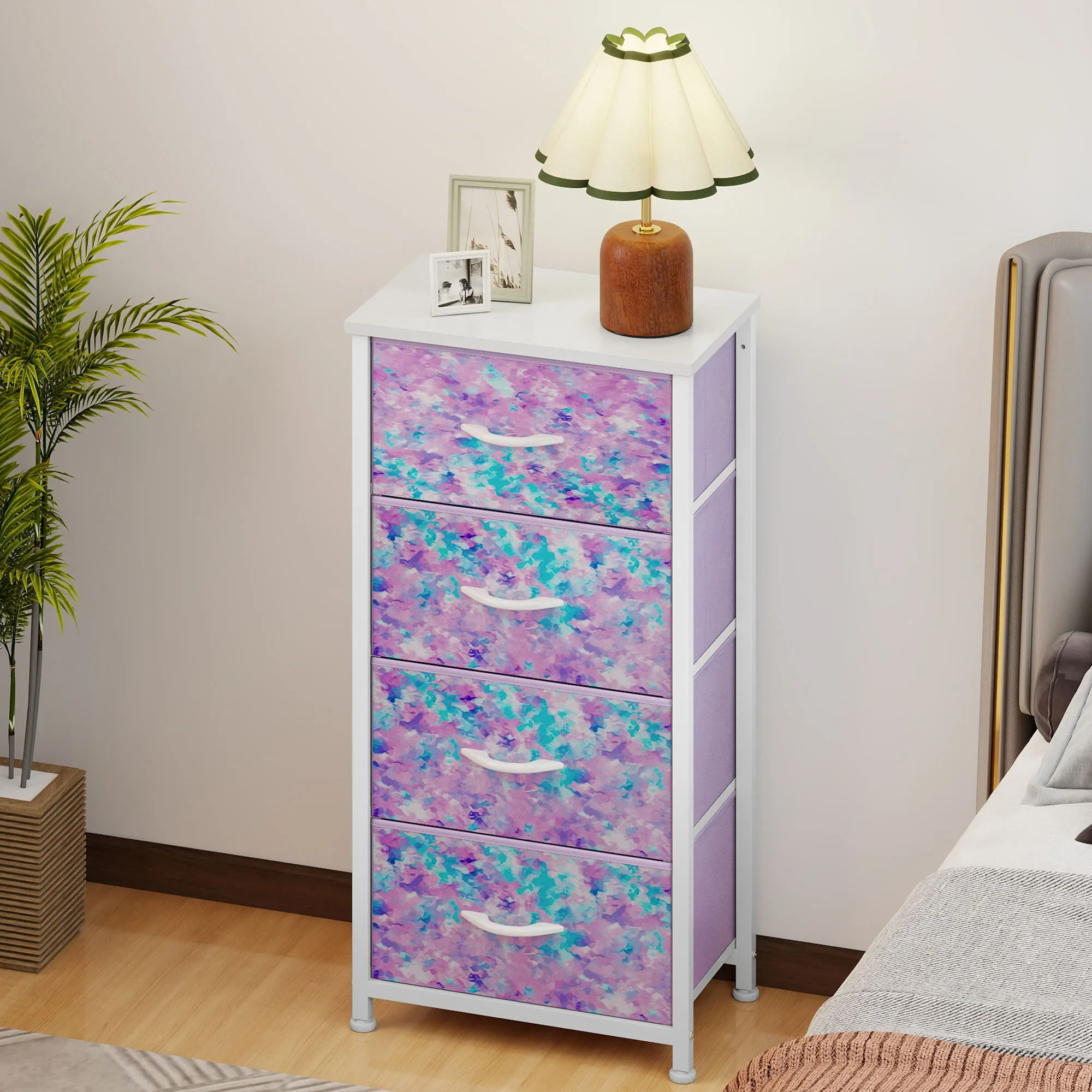 

4 Drawer Dresser Fabric Chest of Drawers Furniture Storage Organizer for Living Room,,Hallway, Tie-dye Purple