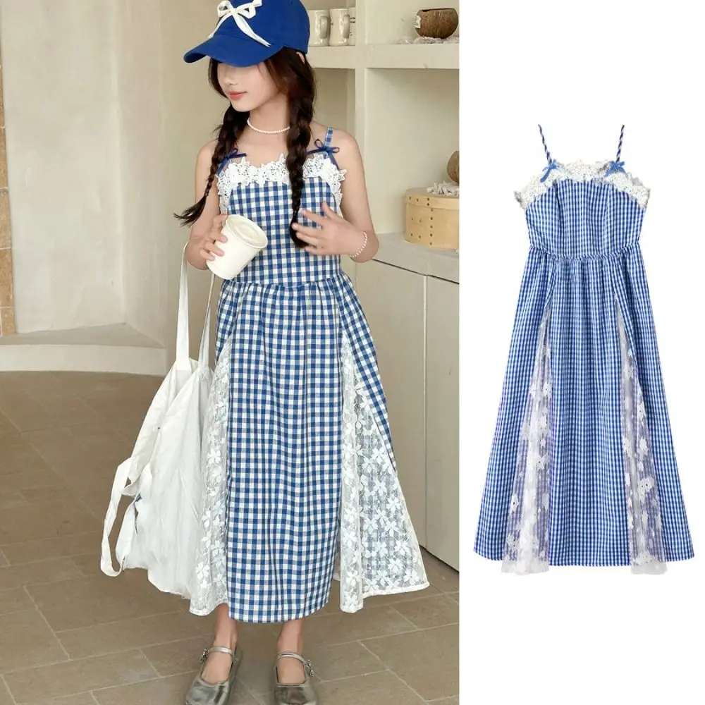 

Fashion Plaid Girl Princess Dress Loose Lace Mesh Teens Sling Dress Sweet Skirt Children Sleeveless Dresses Beach