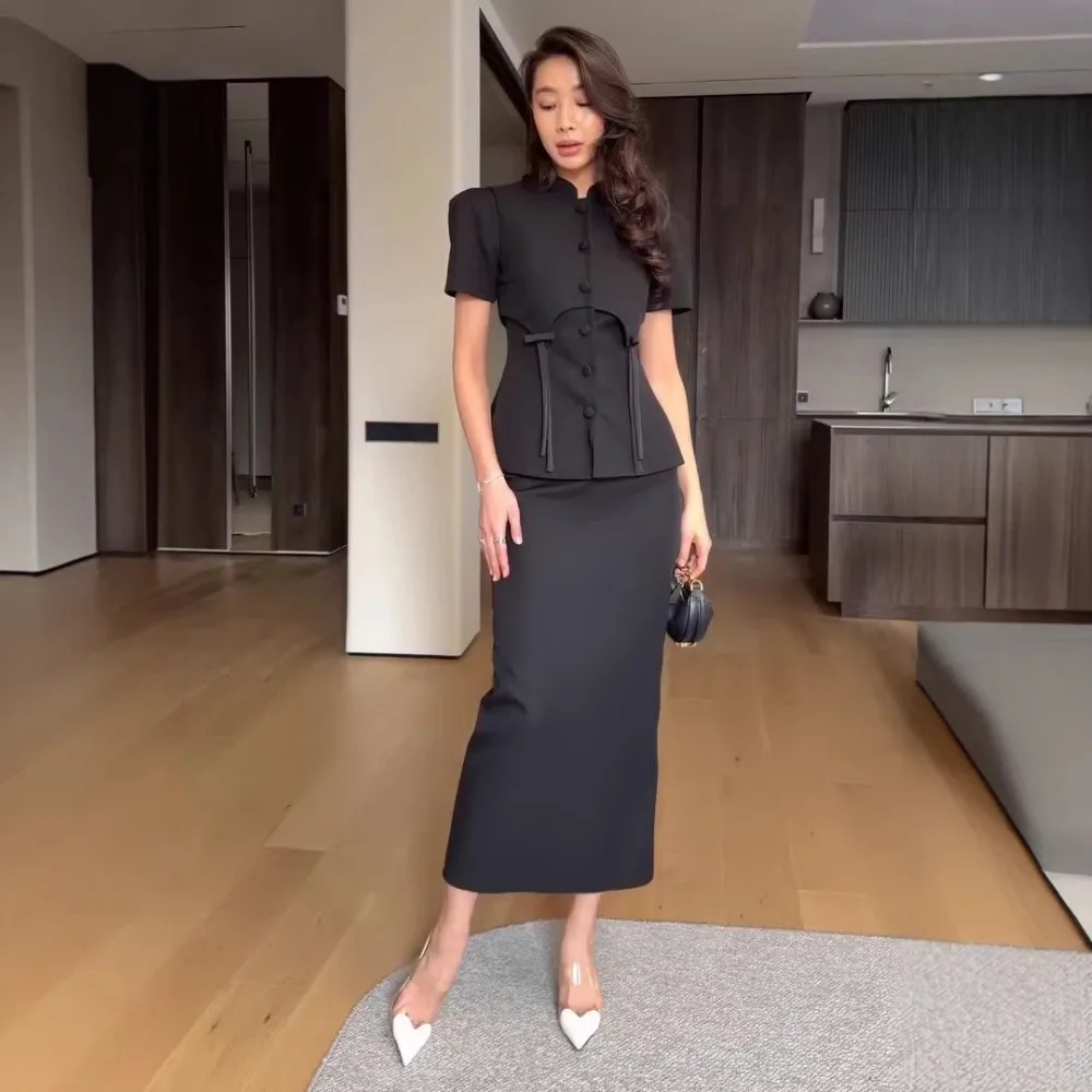 2026 Autumn Elegant Women Skirt Suit Set Short Sleeve Button Slim Fit Blazer and Bodycon Skirt Two Piece Outfit