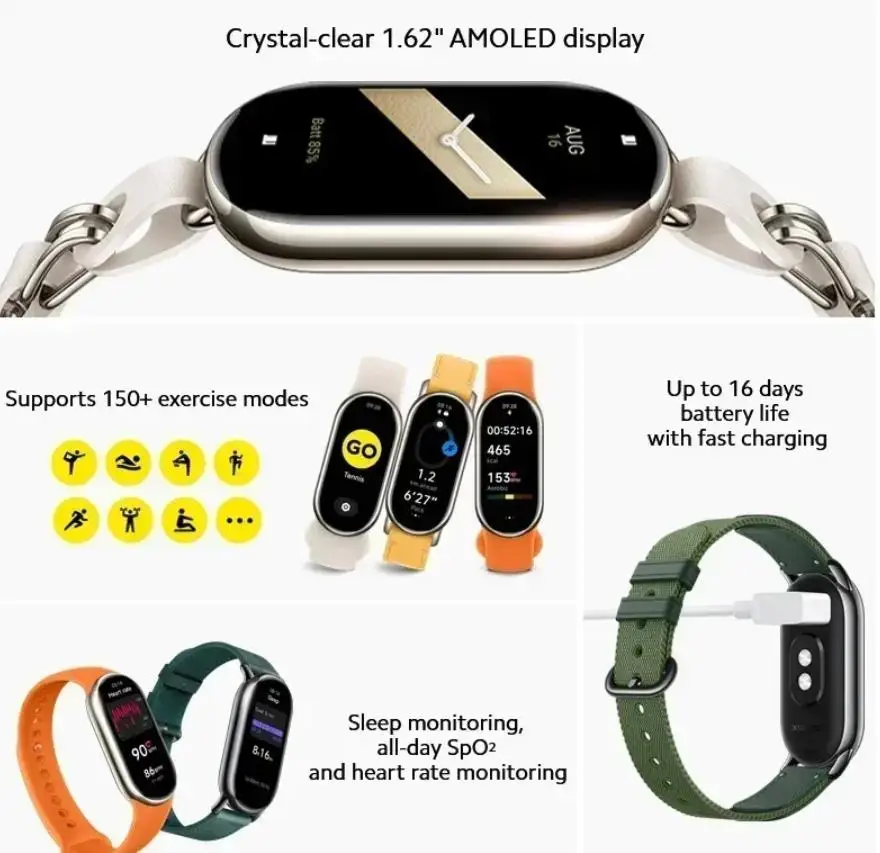 In stock Global Version Xiaomi Smart Band 8 1.62'' AMOLED Ultra Long Battery Life 16Days MI Band 150+ Sport Modes Smart Bracelet