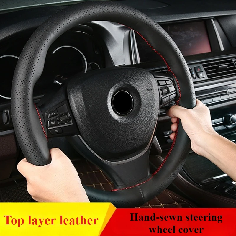 

Top Layer Cowhide Hand Sewn Steering Wheel Cover Universal Genuine Cowhide Car Handle Cover Full Hole Leather Cover
