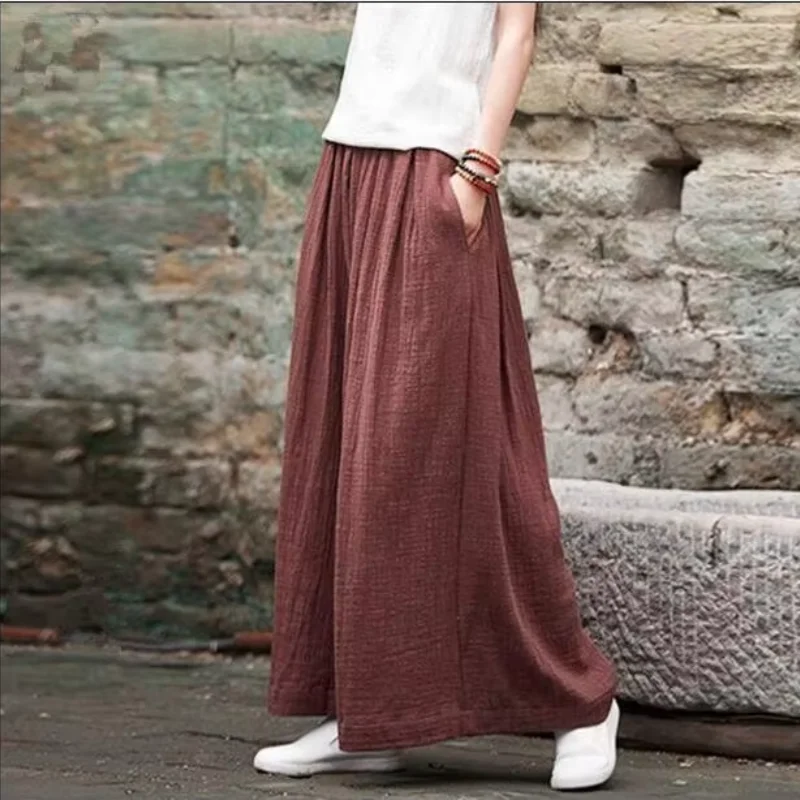 2026 Autumn Solid Loose casual Pants, 5XL 6XL Spring Women Vintage Elastic Waist Cotton Linen trousers Wide Leg long Pants