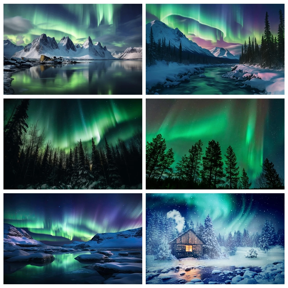 Fondo de fotografía Aurora Borealis, lago ártico, glaciar, montaña nevada, cielo estrellado, Noruega, invierno, luz del norte, fondo fotográfico