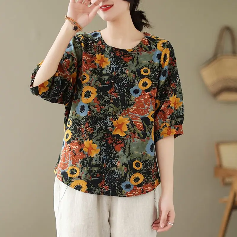 Cotton Linen Loose Comfortable Three Quarter O-Neck Top Summer Vintage Printed Casual Women's T-shirtt Covering Meat Pullover