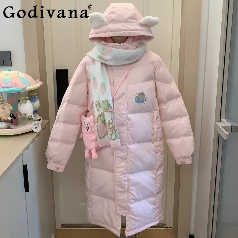 

Original Japanese Cute Girls Pink Long Parka Winter Warm Cartoon Print Student Y2K Down Parka Daughter's Kawaii Hooded Parka