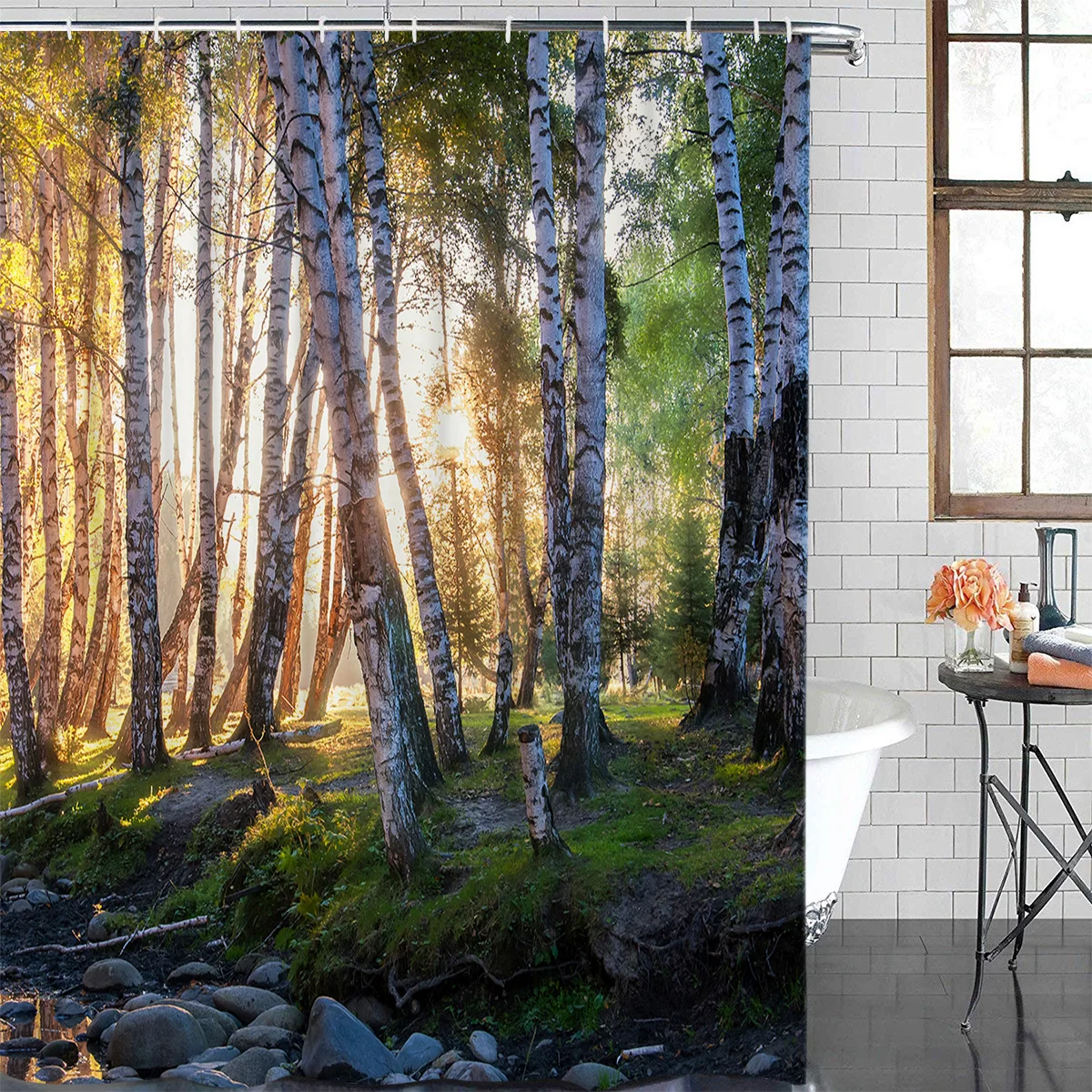 Birch Forest Woods Early Morning Waterproof Bathroom Decoration Shower Curtain With Hook Bathtub Curtains Bathroom Accessories