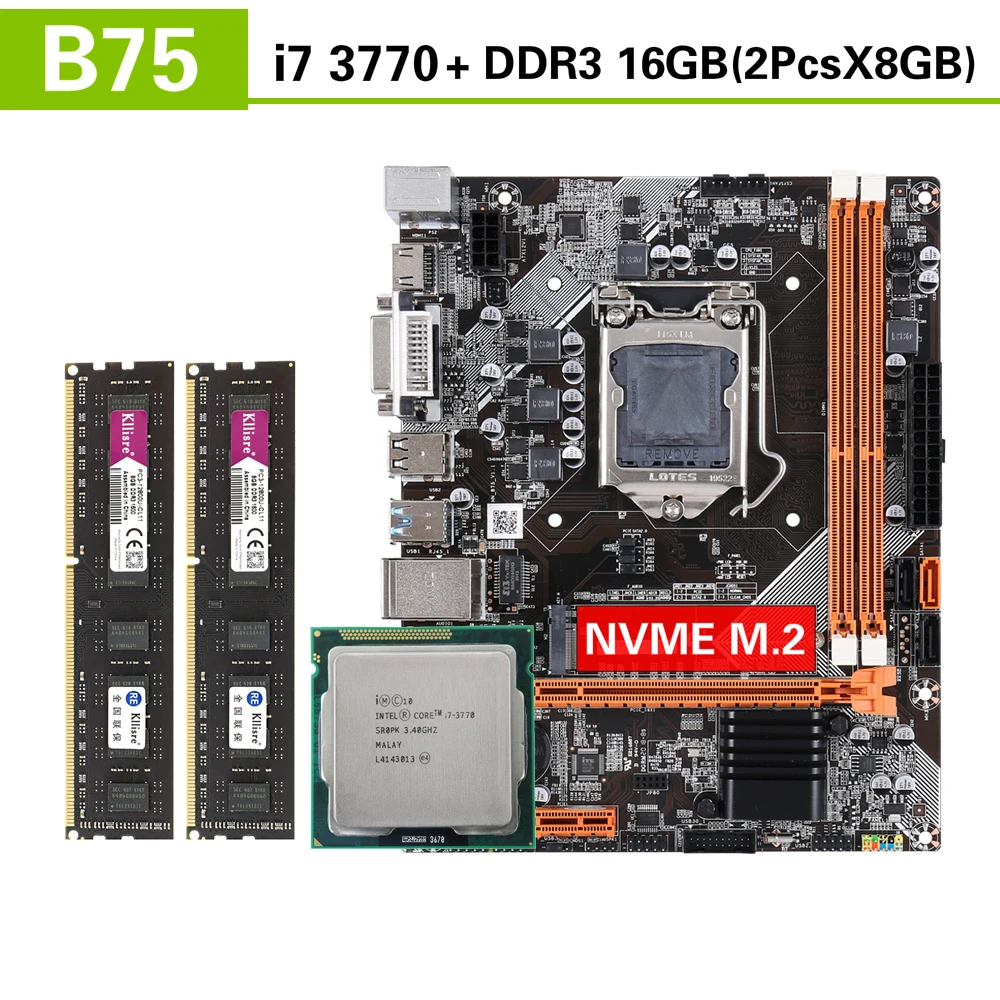 Kllisre 마더보드 세트, 코어 I7 3770 2X8GB = 16GB 1600MHz DDR3 데스크탑 메모리, NVME M.2 USB3.0 SATA3, B75 