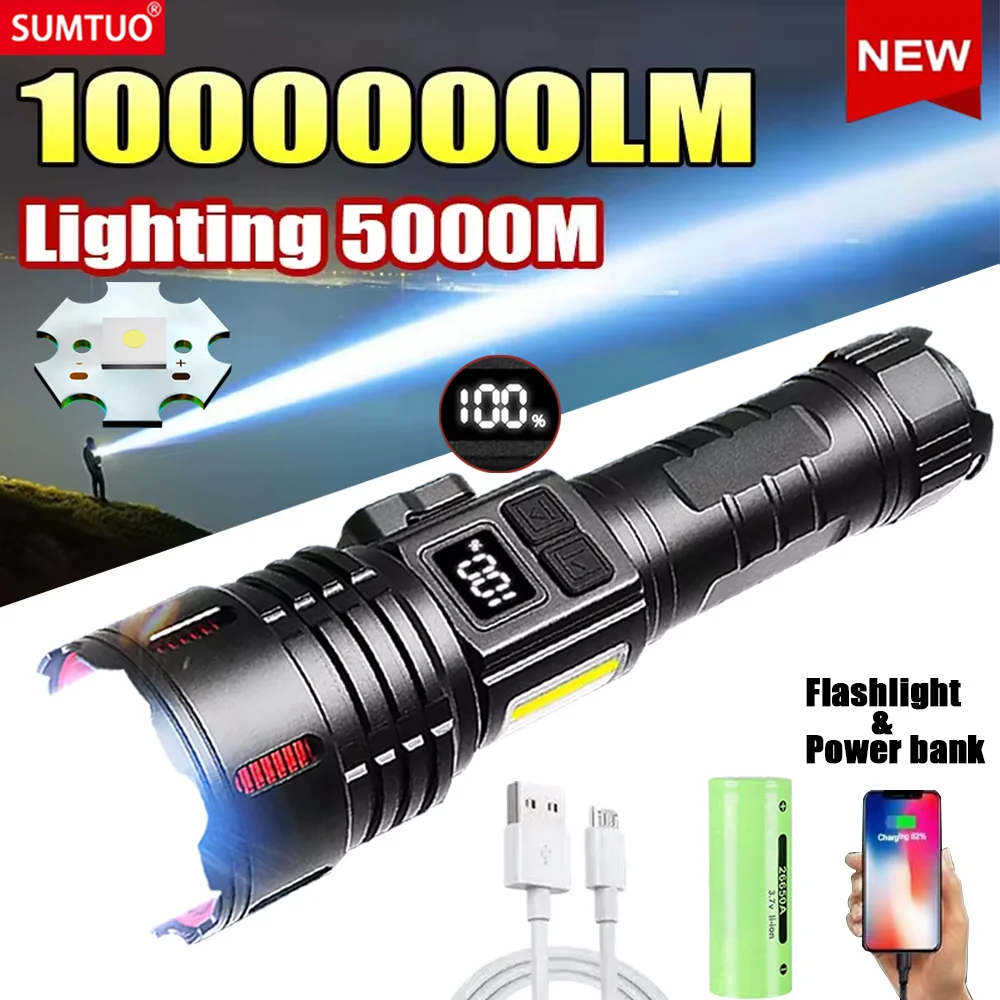 2024 1000000LM High Power Rechargeable LED Flashlight Work 26H Illumination 5000M Ultra Powerful Led Torch With Magnet Lantern