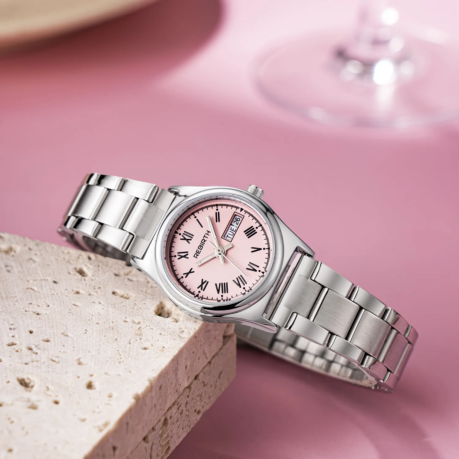 ساعة بسوار فولاذية بسيطة للنساء ، علامة تجارية ولادة جديدة ، أزياء شخصية ، تاريخ اليوم ، ساعة نسائية