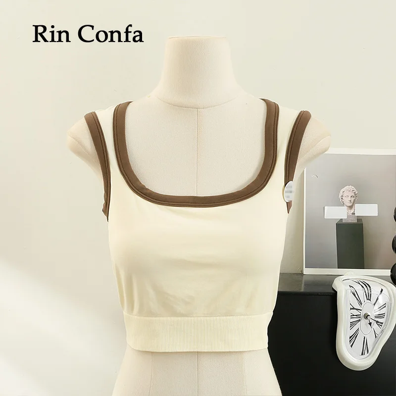 

Rin Confa Women Contrast Color Sleeveless Crop Tops Chic Wide Shoulder Strap With Chest Pad Y2K Top Short Sports Fitness Top