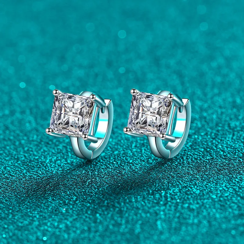 

Platinum Pt950 1ct 2ct D Color Princess Moissanite Hoop Earring for Women Sparkling Lab Diamond 18k White Gold Wedding Jewelry
