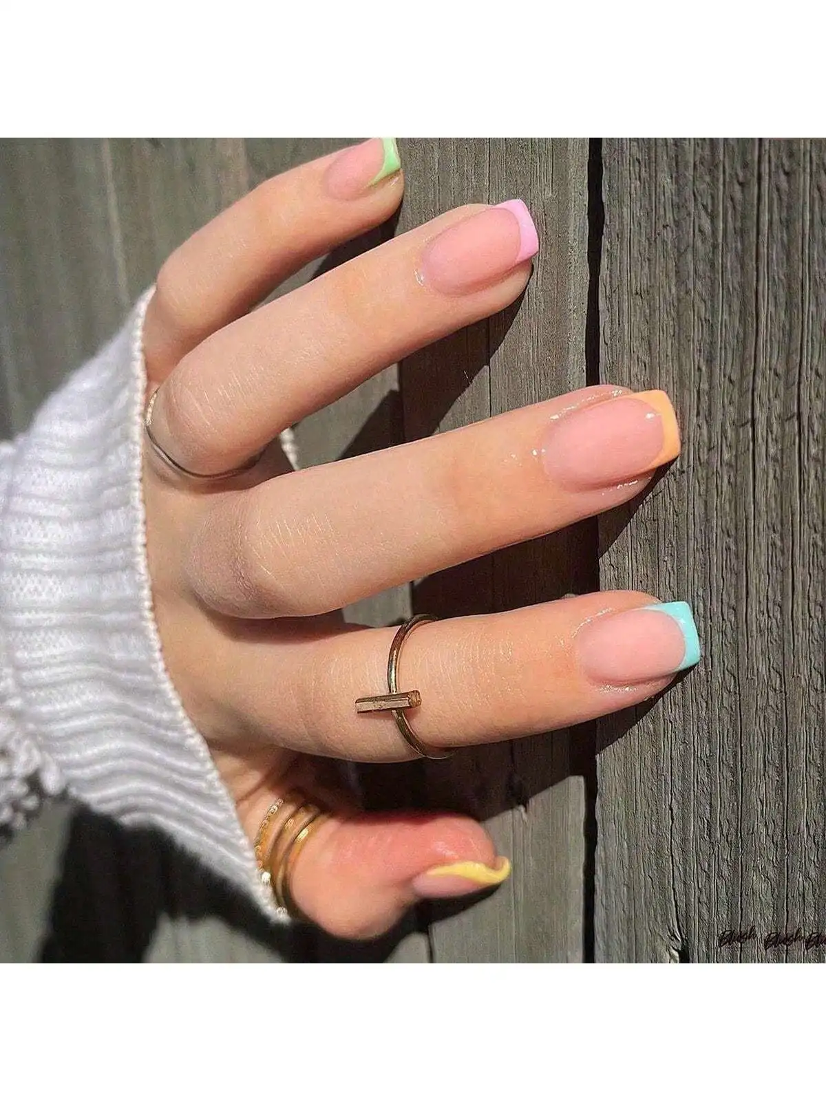 24Pcs Short Square Press On Nails, Colorful French Tip Glossy Fake Nails with Kit