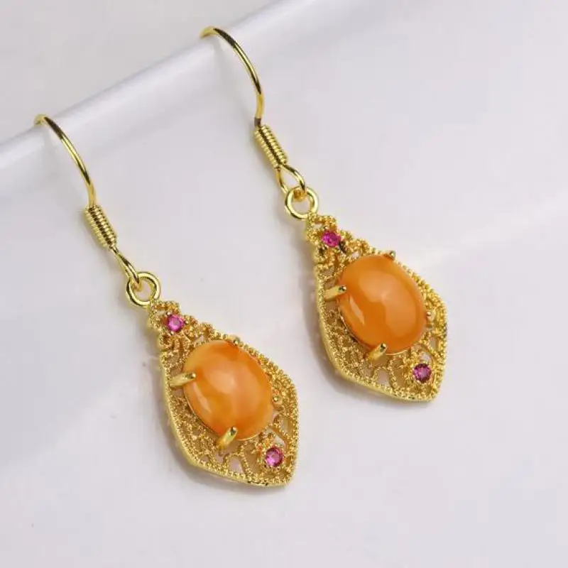 Natural Amber Earrings Women Healing Gemstone Fine Jewelry 100% Genuine Baltic Amber Ruby Dangle Earring Girlfriend Mom Gifts