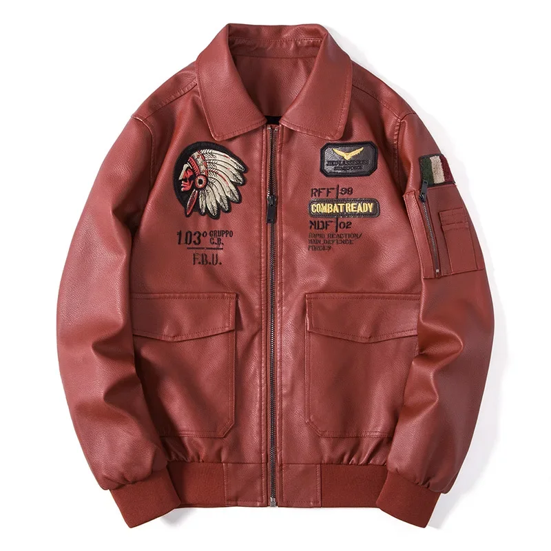 2024 New Men\'s Leather Jacket Lapel Embroidery Trend Biker Motorcycle Jacket Men\'s Fashion Casual Windproof PU Bomber Coat 4XL