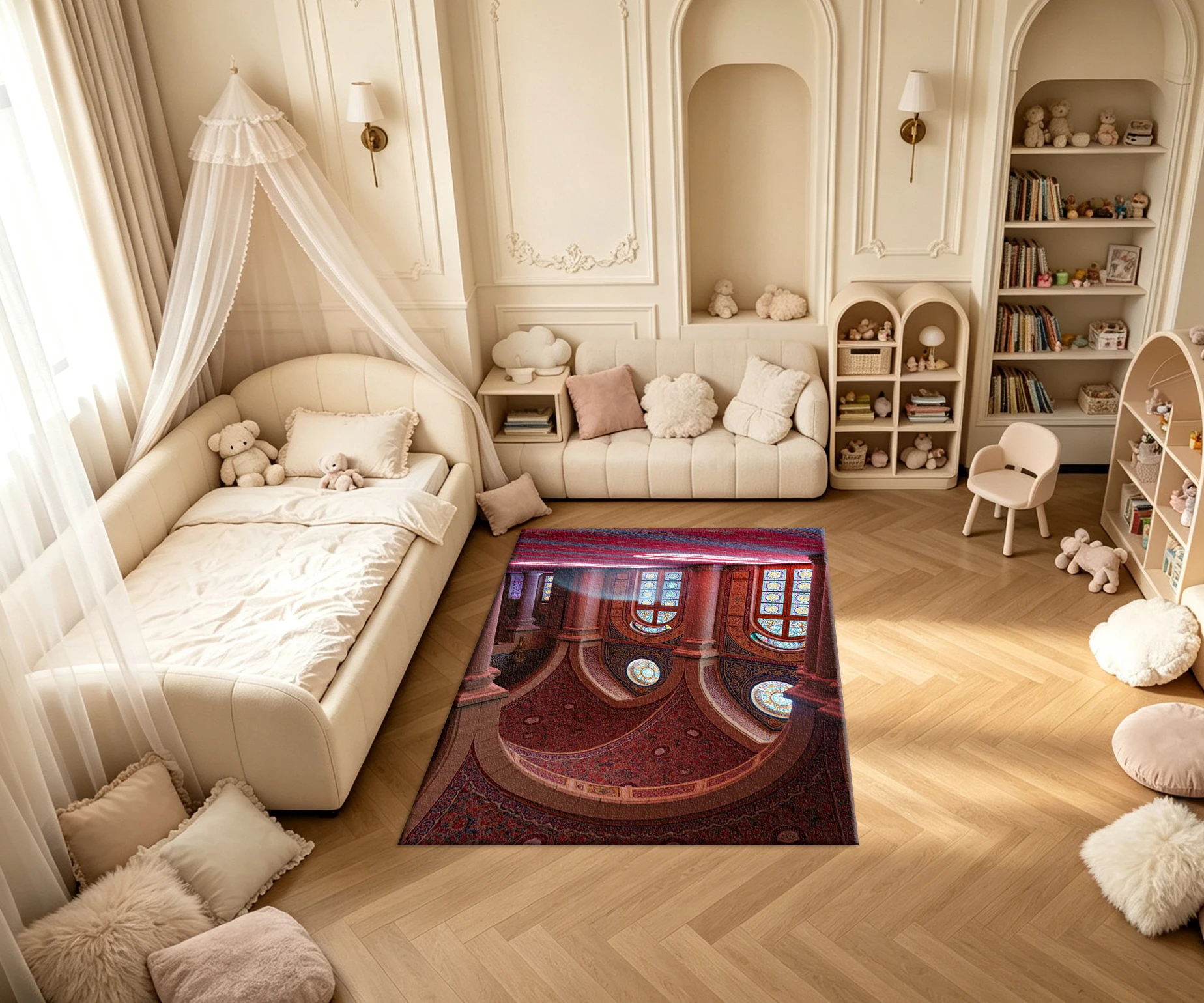 Ornate Vintage Palace Interior Stained Glass Carpet Flooring Luxurious Oriental Arch Dome Mosaic Art Printed Square Floor Rug for Apartment Ornament