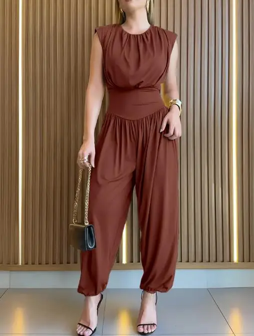 Monos largos para mujer, hombros acolchados, sin mangas, cintura ceñida, mono con abertura larga lateral, mono informal con espalda calada y fruncido