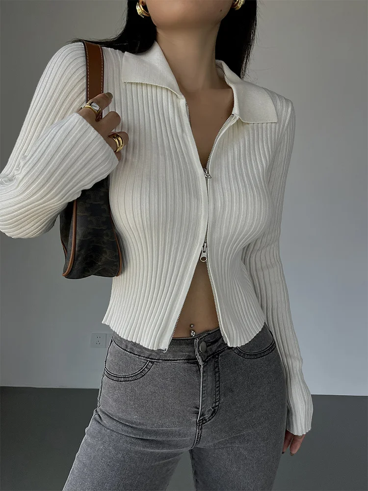 Double WOMENGAGA White High-end Zipper Head Niche Design Knitted Cardigan Women\'s Spring Slim Long Sleeve Sweater Tops 3FDW