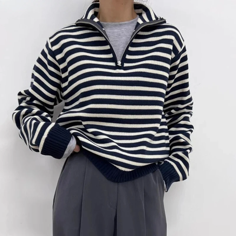 Nomikuma Korean Autumn Winter Retro Turn-down Collar Half Zipper Contrast Color Long Sleeved Striped Knitted Sweater for Women