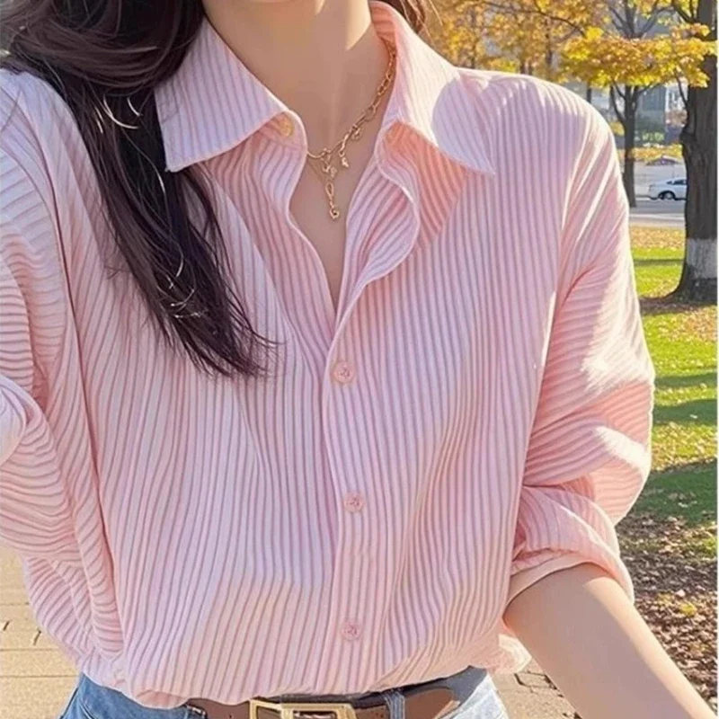 

Office Lady Women's Blouses Korean Stripes Shirts FASHION Loose Spring/Summer Pink Clothing Printed Short Sleeves Women Tops
