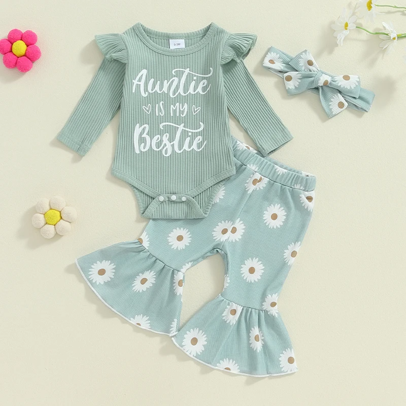 Baby Clothing Girls Fall Outfits Letter Long Sleeves Romper Elastic Daisy Flared Pants Headband Set Newborn Clothes