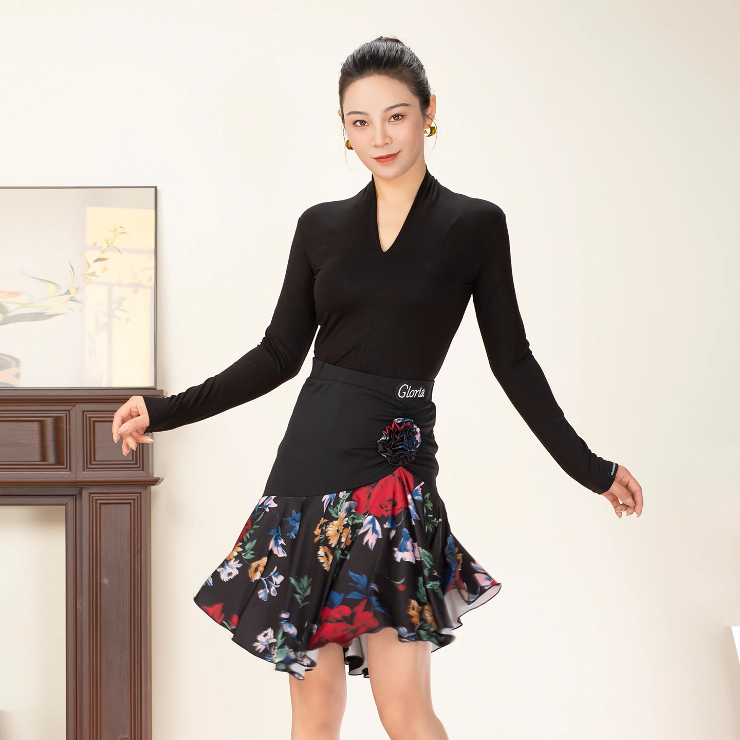 2025 nueva camisa de manga larga con cuello en V con media falda estampada traje de rendimiento Chacha Rumba vestido de Tango ropa latina para adultos XH3789