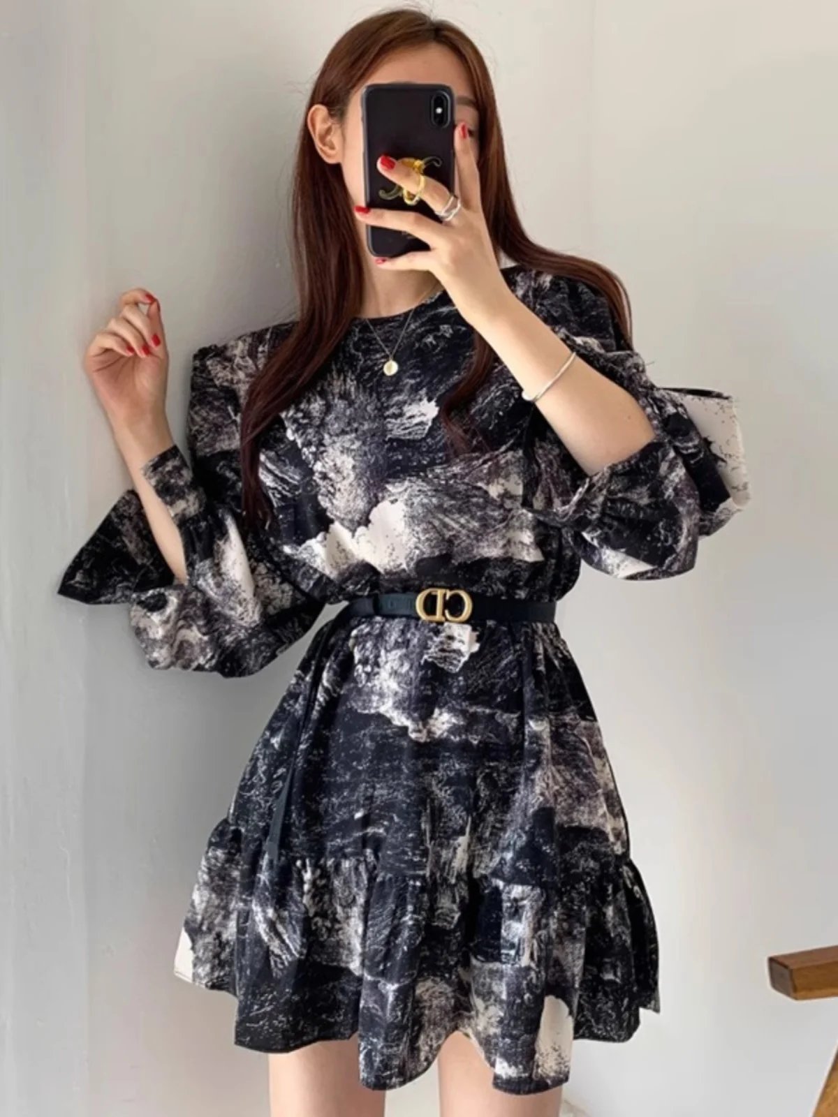 South korea Chic Temperament Elegant Ink Painting Print Design round Neck Slimming High Waist Lantern Sleeve Frill Jumpsuit S...