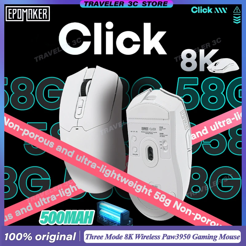 

Epomaker Click Three Mode Wireless Gaming Mouse 8K 58g Lightweight Design E-Sport Low Latency 2.4G BT Ergonomic 500mah Gift PC