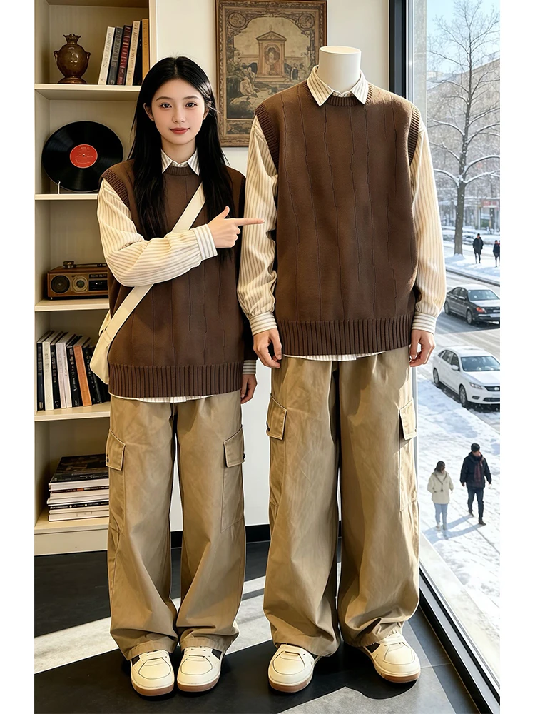 

Мужской вязаный жилет в японском ретро-стиле с круглым вырезом, утепленный, для многослойной носки, повседневная одежда