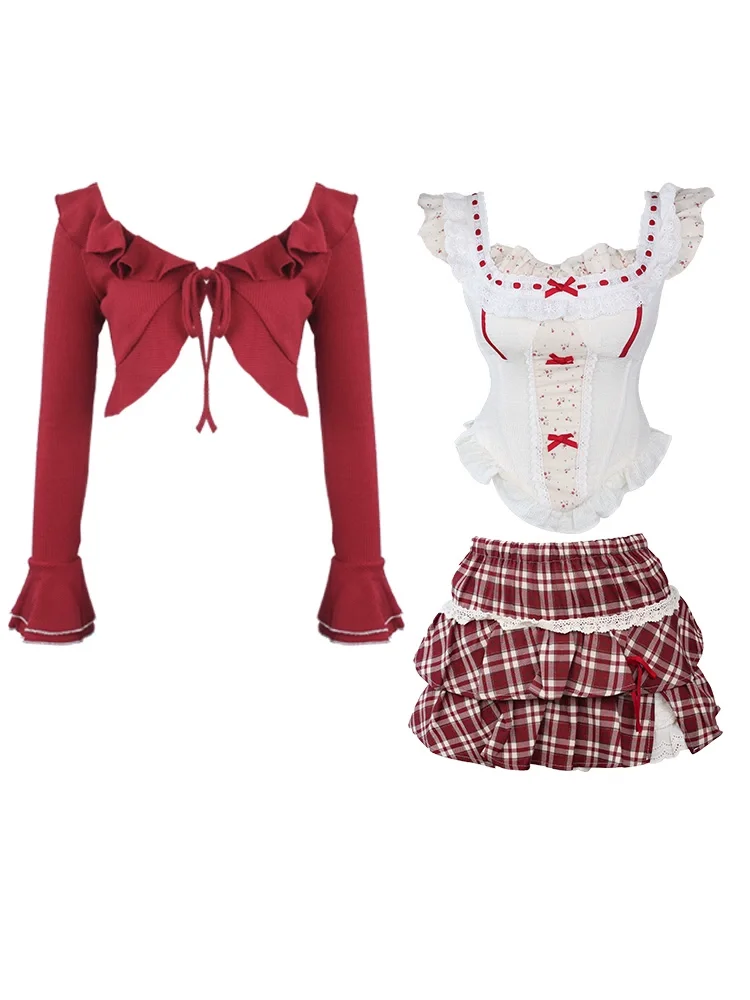 Girls Cute Sweet Burgundy Knitted Cardigan Jacket Women's High Waist Red Plaid Skirt Lady Bow Slim Fit Vest Three-piece Set