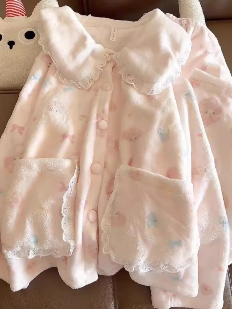 

Женская фланелевая домашняя одежда больших размеров с воротником-стойкой, с мультяшным принтом, милая, осенне-зимняя, утепленная, молодежная, с длинными рукавами