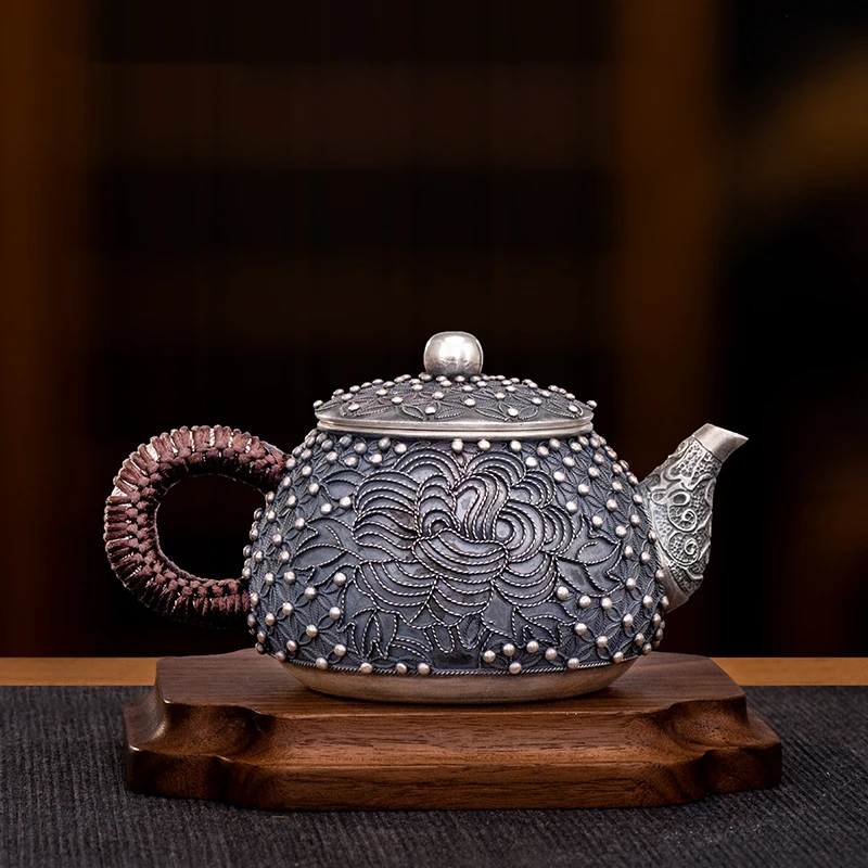 

Pinch silk Silver bead Bubble teapot Single pot Silver Pot Kung Fu Tea set Tea ceremony home tea brewing 999 silver teapot