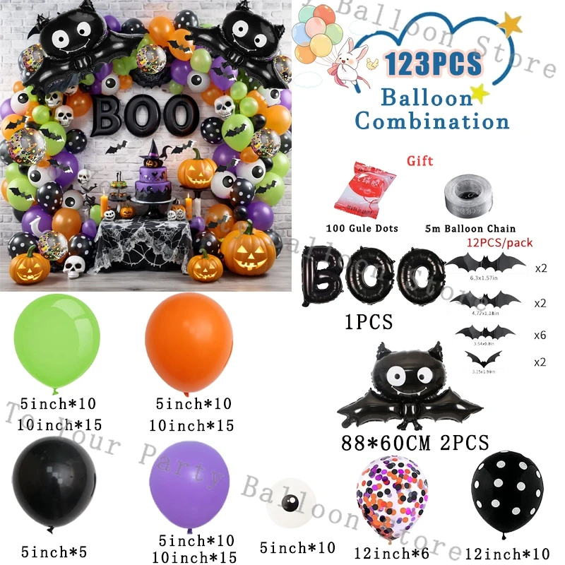 Kit de arco de guirnalda de globos de murciélago de Halloween, suministros de decoración de fiesta de Halloween, negro, naranja, 3D, pegatina de