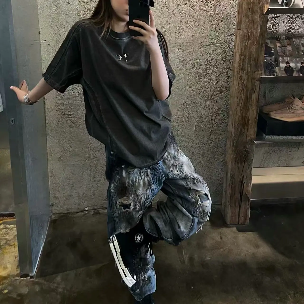 

Новые модные рваные широкие джинсы унисекс в американском уличном стиле, желтые, 2025 год