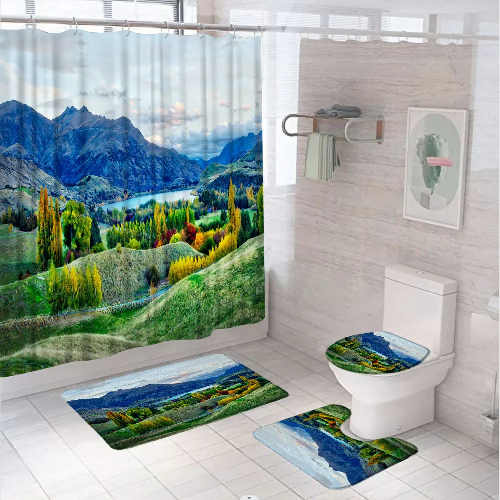 

Mountain Forest River Shower Curtain Set For Bathroom Decor Natural Scenery Screen Non Slip Bath Mat Toilet Lid Cover Carpet Rug