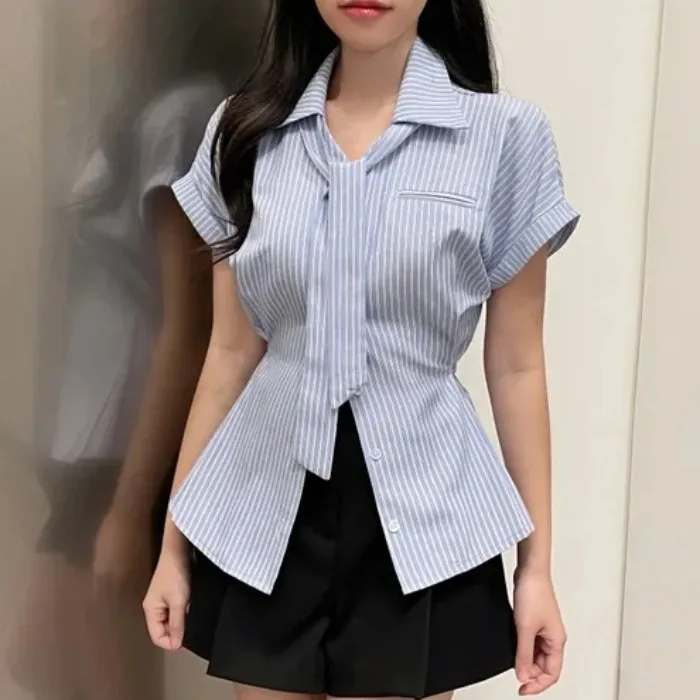

Шикарная летняя рубашка в полоску для похудения, женская рубашка с короткими рукавами, отложным воротником, на одной пуговице, с завязками на талии, с оборками, из смесового хлопка
