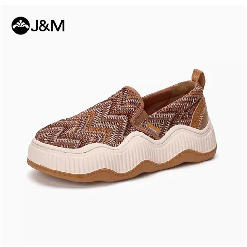 

J&M Lady Casual Shoes Fashion National Women Loafers 4cm Platform Spring Autumn Slip-on Shoes Black Rubber Sole Sneakers