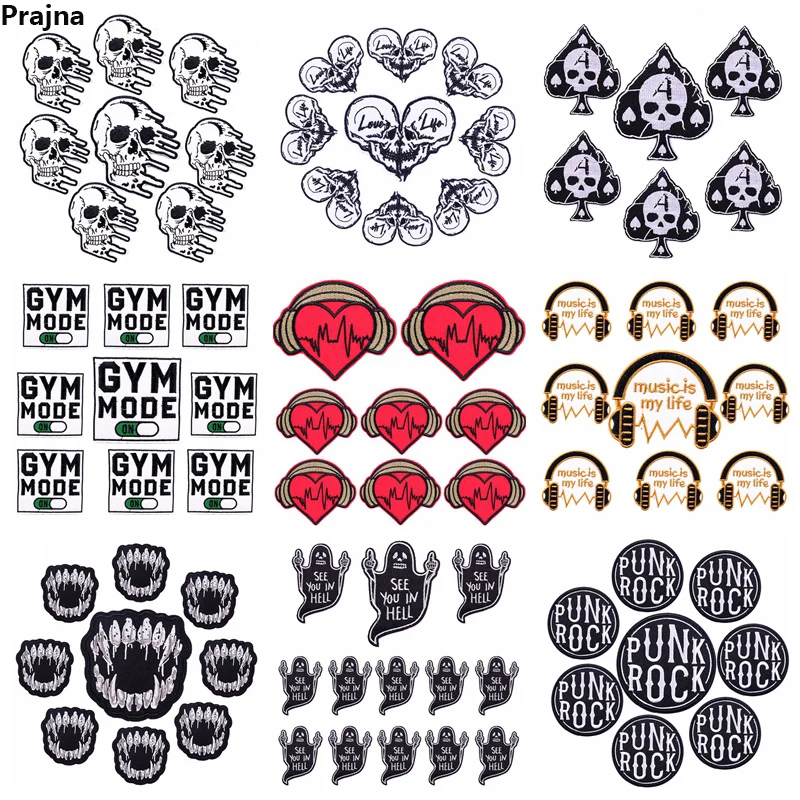 10PCS/lots Rock Style Embroidery Patch Punk Skull Patch Iron On Patches For Clothing Jackets Sewing Applique Letter Ironing DIY